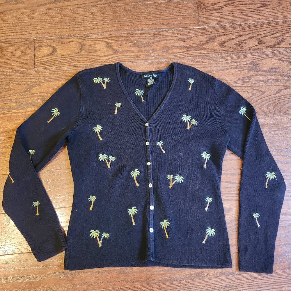 Eagles Eye S Black Green Cardigan Sweater & Shell Tropical Palm Tree's Hawaii